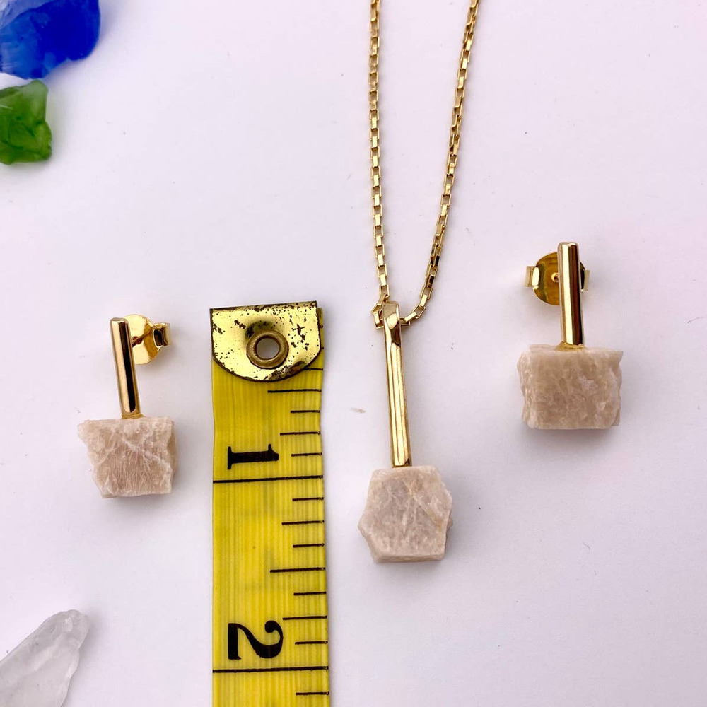 Natural Raw Beige Amazonite 18k Gold Plated Earring and Necklace Set - Picture 10 of 10
